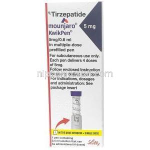マンジャロ・クイックペン 5 mg, チルゼパチド0.6mLあたり 5 mg, 製造元：イーライリリー・アンド・カンパニー インド, 箱表面