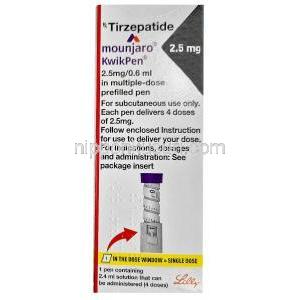 マンジャロ・クイックペン 2.5 mg, チルゼパチド0.6mLあたり 2.5 mg, 製造元：イーライリリー・アンド・カンパニー インド, 箱表面