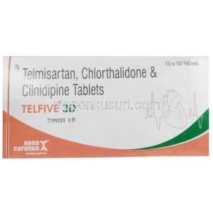 テルファイブ 3D, テルミサルタン 40mg/ シルニジピン 10mg/ クロルタリドン 12.5mg, 製造元： Xena Coronus Health Care Pvt Ltd, 箱表面