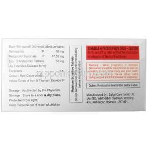 テルファイブ ベータ 50,テルミサルタン 40 mg/ メトプロロール 50 mg,製造元： Xena Coronus Health Care Pvt Ltd, 箱情報