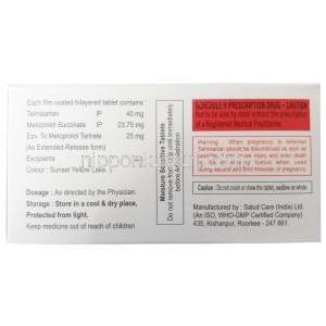 テルファイブ ベータ 25,テルミサルタン 40 mg/ メトプロロール 25 mg, 製造元：Xena Coronus Health Care Pvt Ltd, 箱情報