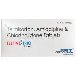 テルファイブ・トリオ,テルミサルタン 40mg/ アムロジピン 5mg/ クロルタリドン 12.5mg 製造元：Xena Coronus Health Care Pvt Ltd, 箱表面