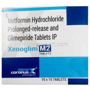 ゼノグリム M,メトホルミン 500mg/ グリメピリド 2mg, 製造元：Xena Coronus Health Care Pvt Ltd, 箱表面