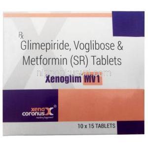 ゼノグリム MV1,グリメピリド 1 mg/ メトホルミン 500 mg/ ボグリボース 0.2 mg , 製造元：Xena Coronus Health Care Pvt Ltd, 箱表面