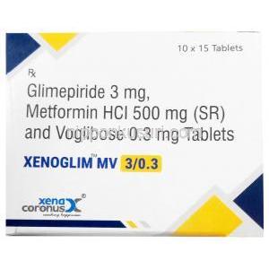 ゼノグリム MV3,グリメピリド 3 mg/ メトホルミン 500 mg/ ボグリボース 0.2 mg , 製造元：Xena Coronus Health Care Pvt Ltd, 箱表面