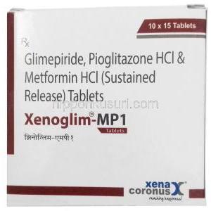 ゼノグリム MP1,グリメピリド 1 mg/ メトホルミン 500 mg/ ピオグリタゾン 15 mg,製造元：Xena Coronus Health Care Pvt Ltd, 箱表面