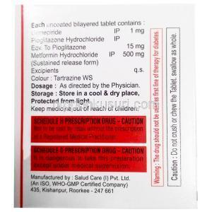 ゼノグリム MP1,グリメピリド 1 mg/ メトホルミン 500 mg/ ピオグリタゾン 15 mg,製造元：Xena Coronus Health Care Pvt Ltd, 箱情報