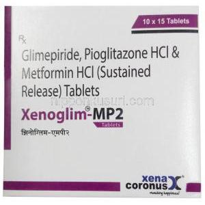 ゼノグリム MP2,グリメピリド 2 mg/ メトホルミン 500 mg/ ピオグリタゾン 15 mg,製造元：Xena Coronus Health Care Pvt Ltd, 箱表面