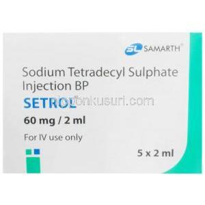 セトロール注射, テトラデシル硫酸ナトリウム3%(2mLあたり60mg ,製造元：Samarth Life Sciences Pvt Ltd, アンプル 2mLX 5本, 箱表面