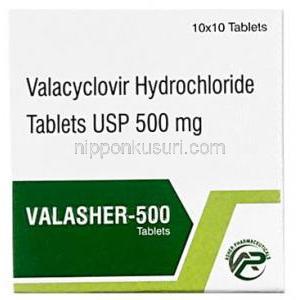 Valasher, Valacyclovir 500 mg, Asher Pharmaceuticals, Box front view