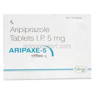 アリパクセ 5, アリピプラゾール 5 mg, 製造元：Lifecare Neuro Products Limited, 箱表面