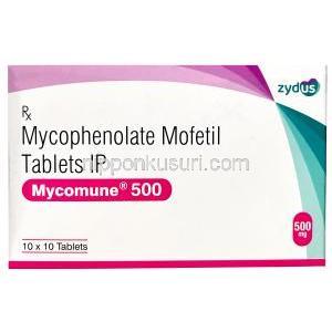 ミコミューン 500,ミコフェノール酸モフェチル 500mg,製造元：Zydus Cadila, 箱表面