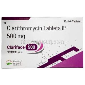 クラリフェイス 500, クラリスロマイシン 500 mg,製造元：Healing Pharma India Pvt Ltd, 箱表面