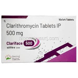 クラリフェイス 500, クラリスロマイシン 500 mg,製造元:Healing Pharma India Pvt Ltd, 箱表面
