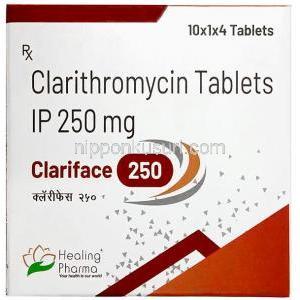 クラリフェイス 250, クラリスロマイシン 250 mg,製造元:Healing Pharma India Pvt Ltd, 箱表面