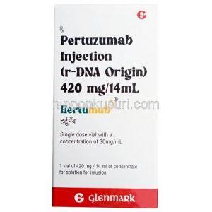 ヘルツマブ注射, ペルツズマブ 14 mLあたり420mg,バイアル 14 mL, 製造元：Glenmark Pharmaceuticals, 箱表面