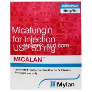 ミカラン 注射, ミカファンギン 50 mg, バイアル, 製造元：Mylan Pharmaceuticals Pvt Ltd, 箱表面