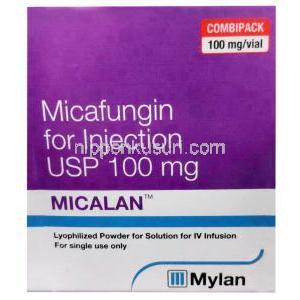 ミカラン 注射, ミカファンギン 100 mg, バイアル, 製造元：Mylan Pharmaceuticals Pvt Ltd, 箱表面