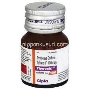 チロシップ 100, チロキシン 100 mcg, 製造元：Cipla, 120 錠(ボトル入り), ボトル表面