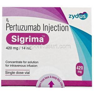 シグリマ 静脈点滴液, ペルツズマブ 420mg (14mLあたり),バイアル 14 mL, 製造元：Zydus Lifesciences, 箱表面