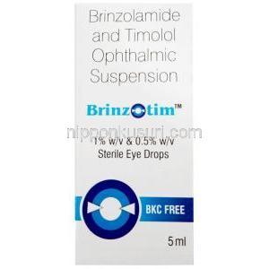 ブリンゾチム点眼薬, ブリンゾラミド 10mg/ チモロール 5mg, 点眼薬 5 mL,製造元：Sun Pharmaceutical Industries Ltd, 箱表面