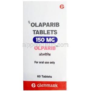 オルパリブ, オラパリブ 150 mg, 60 錠, 製造元：Glenmark Pharmaceuticals, 箱表面