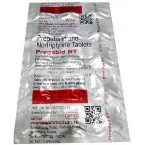 プレガビッドNT, プレガバリン75 mg/ノルトリプチリン 10 mg, 製造元：Intas Pharmaceuticals Ltd, シート情報