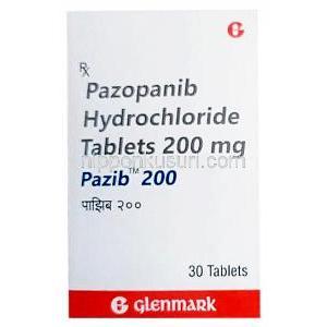 パジブ 200, パゾパニブ 200 mg, 30 錠, 製造元：Glenmark Pharmaceuticals, 箱表面