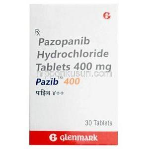 パジブ 400, パゾパニブ 400 mg, 30 錠, 製造元：Glenmark Pharmaceuticals, 箱表面
