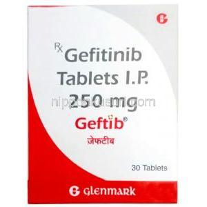 ゲフティブ, ゲフィチニブ 250 mg, 30 錠, 製造元：Glenmark Pharmaceuticals, 箱表面