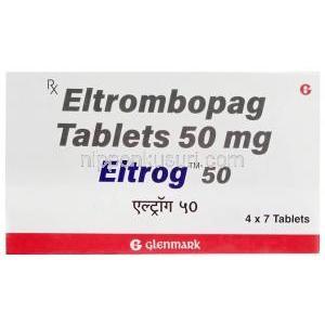 エルトログ 50, エルトロンボパグ 50 mg, 製造元：Glenmark Pharmaceuticals, 箱表面