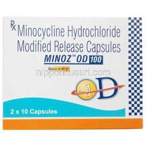 マイノス OD 100, ミノサイクリン 100 mg,カプセル (徐放性), 製造元：Sun Pharma,箱表面