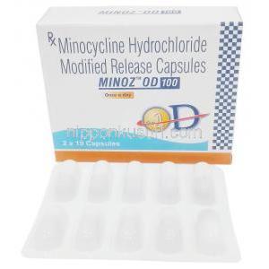 マイノス OD 100, ミノサイクリン 100 mg,カプセル (徐放性), 製造元：Sun Pharma,箱, シート