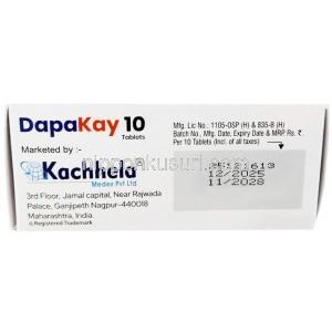 ダパケイ, ダパグリフロジン 10 mg, 製造元：Kachhela Medex, 箱情報, 製造日, 消費期限
