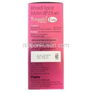 ツゲイン エバ 頭皮外用液, ミノキシジル 5%, 頭皮外用液 60 mL,製造元： Cipla, 箱情報,製造日, 消費期限