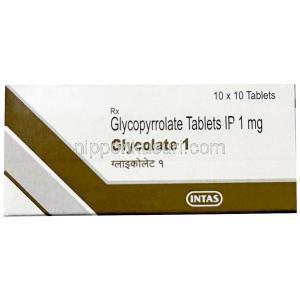 グリコレート 1, グリコピロレート 1 mg,製造元： Intas Pharmaceuticals, 箱表面