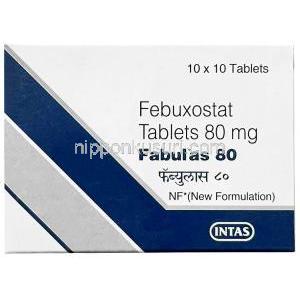 フェブラス 80, フェブキソスタット 80 mg, 製造元：Intas Pharmaceuticals, 箱表面