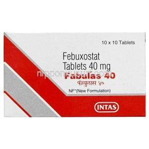 フェブラス 40, フェブキソスタット 40 mg, 製造元：Intas Pharmaceuticals, 箱表面