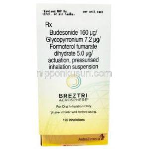 ビレーズトリ エアロスフィア, グリコピロニウム 7.2 mcg/ ホルモテロール 5 mcg/ ブデソニド 160 mcg, 120 吸入 インヘラー, 製造元：アストラゼネカ, 箱表面