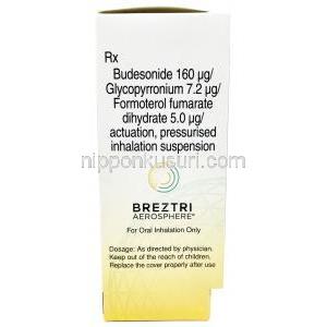 ビレーズトリ エアロスフィア, グリコピロニウム 7.2 mcg/ ホルモテロール 5 mcg/ ブデソニド 160 mcg, 120 吸入 インヘラー, 製造元：アストラゼネカ, 箱情報, 成分