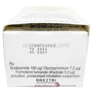 ビレーズトリ エアロスフィア, グリコピロニウム 7.2 mcg/ ホルモテロール 5 mcg/ ブデソニド 160 mcg, 120 吸入 インヘラー, 製造元：アストラゼネカ, 箱情報, 製造日, 消費期限