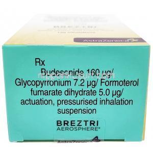 ビレーズトリ エアロスフィア, グリコピロニウム 7.2 mcg/ ホルモテロール 5 mcg/ ブデソニド 160 mcg, 120 吸入 インヘラー, 製造元：アストラゼネカ, 箱底面