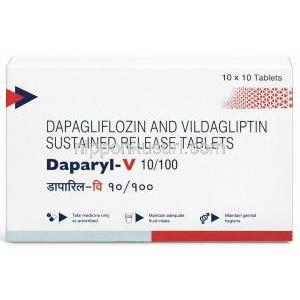 ダパリル-V, ダパグリフロジン 10mg /ビルダグリプチン 100 mg, 製造元：Intas Pharma, 箱表面