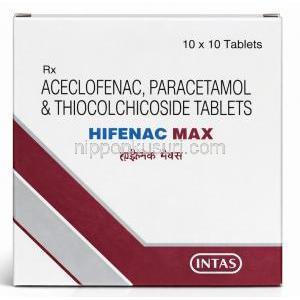 ハイフェナック マックス,チオコルチコシド 4 mg/ アセクロフェナク 100 mg/ アセトアミノフェン 325 mg , 製造元：Intas Pharma, 箱表面