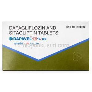 Dapavel-S 10/100, Dapagliflozin 10mg/ Sitagliptin 100mg,Intas Pharma, Box front view