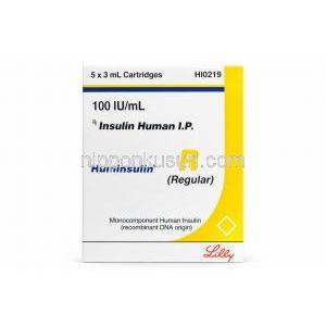 ヒューミンスリン R, インスリン 注射剤 100 IU/mL カートリッジ (イーライリリー), 箱 正面