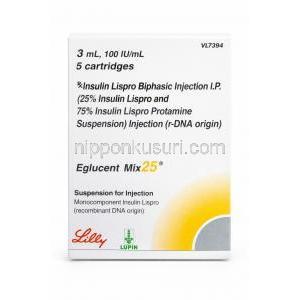 エグルセントミックス25, インスリンリスプロ 二相性注射用懸濁液 100IU/mL カートリッジ (Lupin) 箱正面