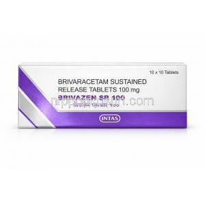 ブリバゼン SR 100, ブリーバラセタム 100 mg, 10 錠, 製造元：Intas Pharma,箱表面