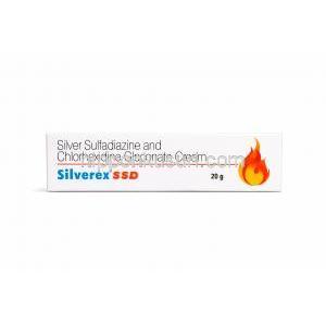 シルバーエックスSSD クリーム, スルファジアジン銀 0.5%/ グルコン酸クロルヘキシジン 0.2%, 10 g, 製造元：Sun Pharma, 箱表面