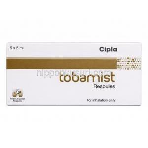 トバミスト 吸入液, トブラマイシン 300 mg, 吸入液 5mL X 5, 製造元：Cipla, 箱表面